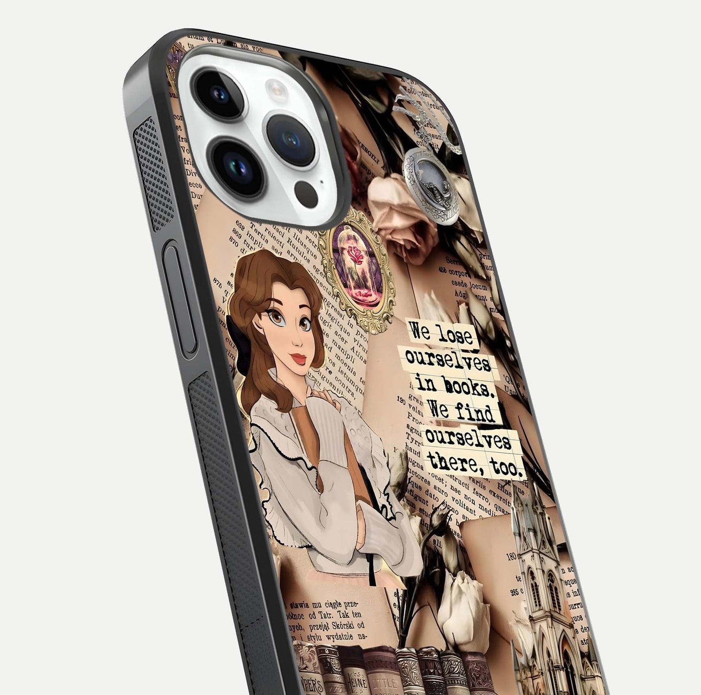 Bookish Dream World Glass Case for iPhone 14 Pro close-up shot highlighting book elements and reflection gloss
