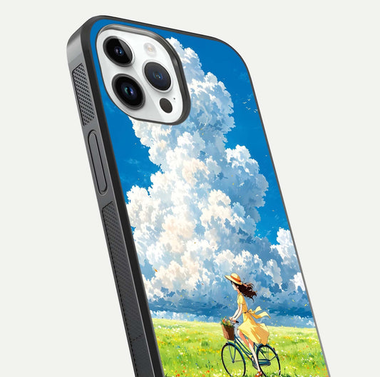 Breezy Meadow Ride Glass Case for iPhone 14 Pro close-up shot showing flowers and breezy motion texture