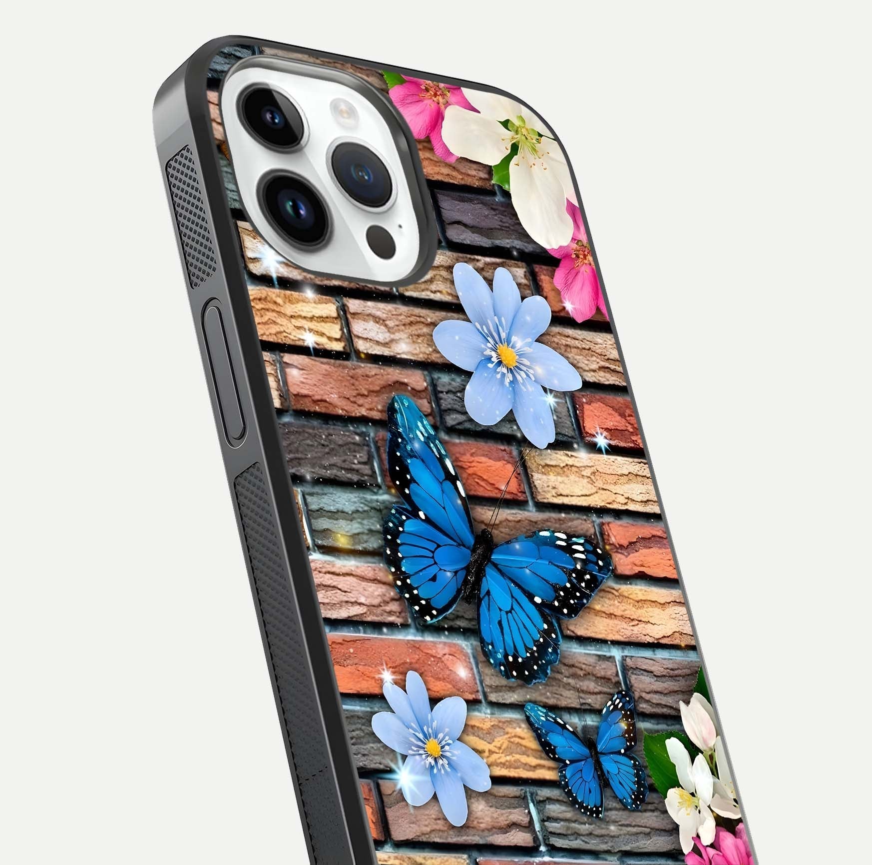 Brick Bloom Flight Glass Case for iPhone 14 Pro close-up angle highlighting flower clusters and reflection detail