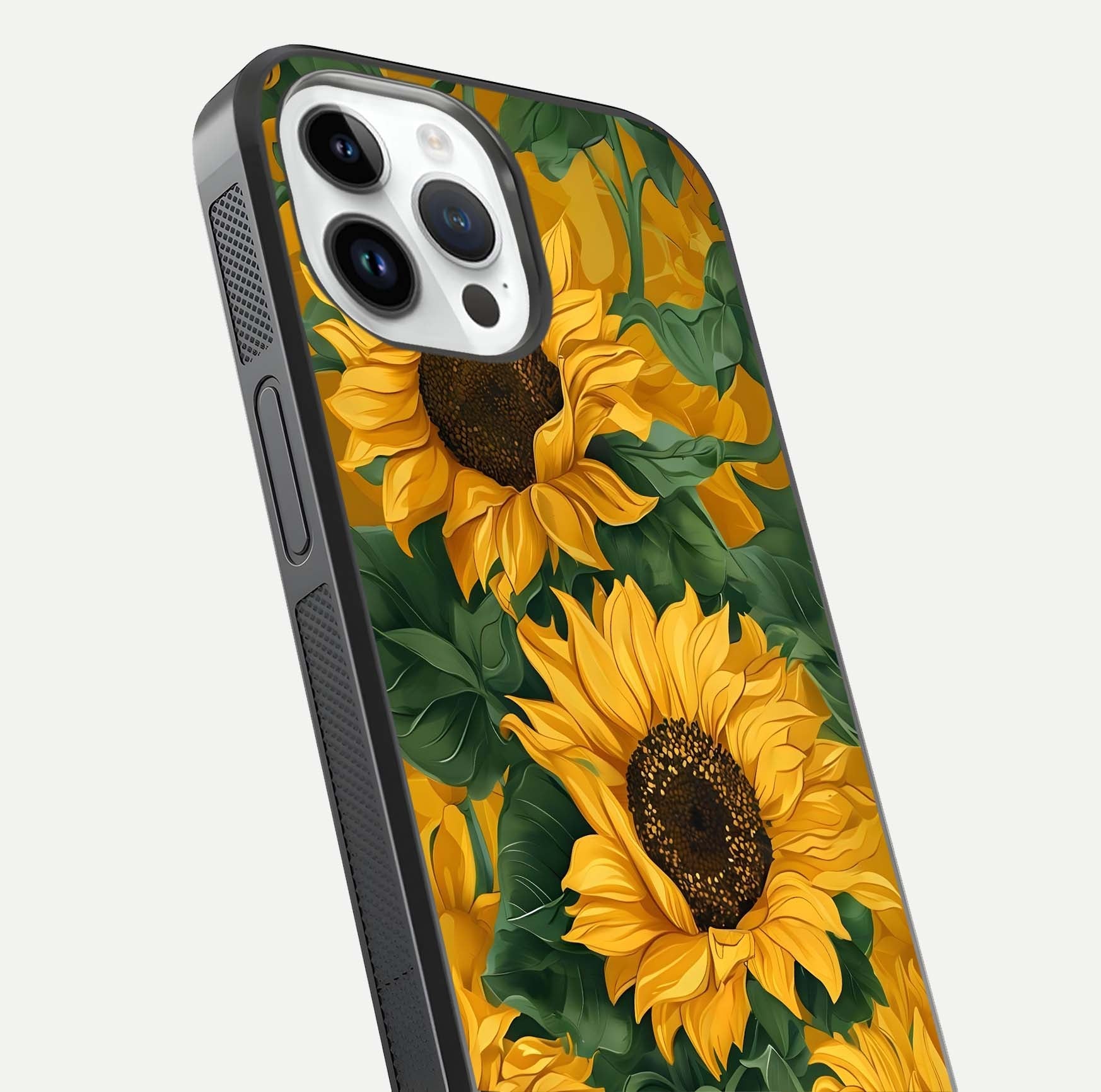 Bright Sunflower Bloom Glass Case for iPhone 14 Pro close-up image highlighting yellow petal detail and HD reflection