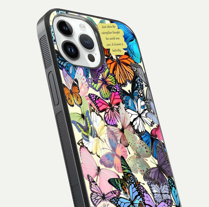 Butterflies Petal Dream Glass Case for iPhone 14 Pro close-up highlighting butterfly wings and pink petal gloss