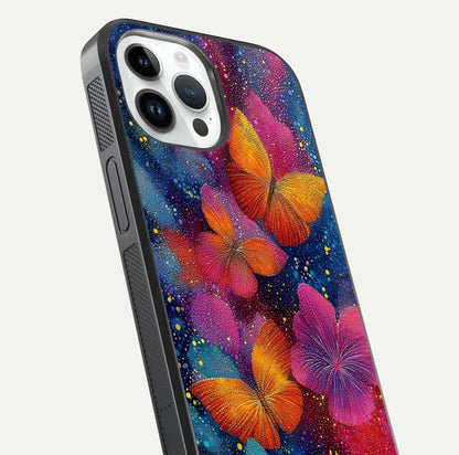 Butterfly Dream Mist Glass Case for iPhone 14 Pro close-up capturing wing pattern detail and glossy finish texture