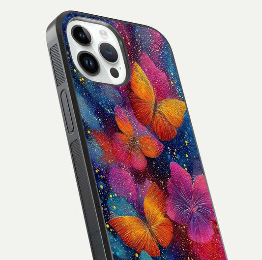 Butterfly Dream Mist Glass Case for iPhone 14 Pro close-up capturing wing pattern detail and glossy finish texture