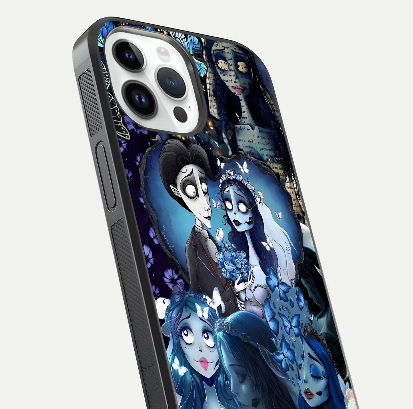 Butterfly Ghost Soul Glass Case for iPhone 14 Pro close-up shot showing ethereal wing patterns and reflection