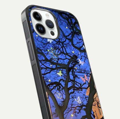 Butterfly Night Magic Glass Case for iPhone 14 Pro close-up highlighting wings reflection and gloss shimmer
