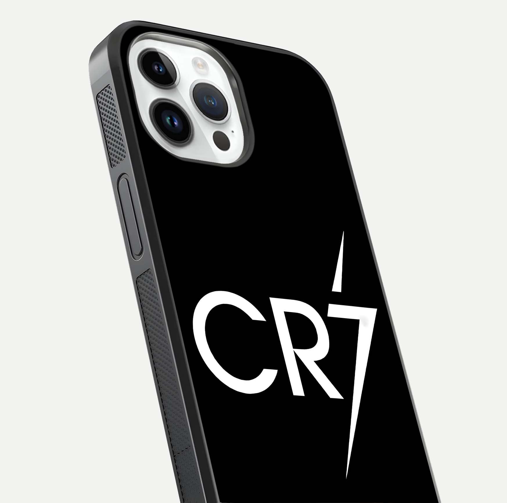 CR7 Elite Strike Glass Case for iPhone 14 Pro close-up highlighting CR7 artwork and shine reflection