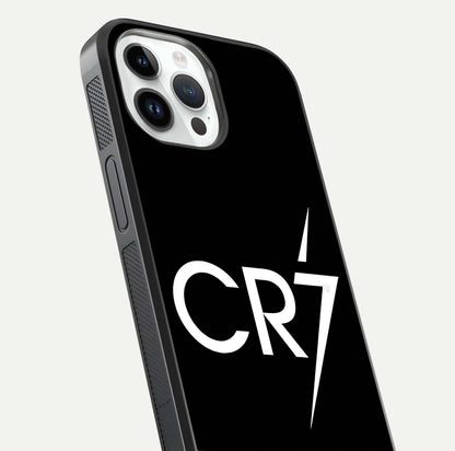 CR7 Elite Strike Glass Case for iPhone 14 Pro close-up highlighting CR7 artwork and shine reflection