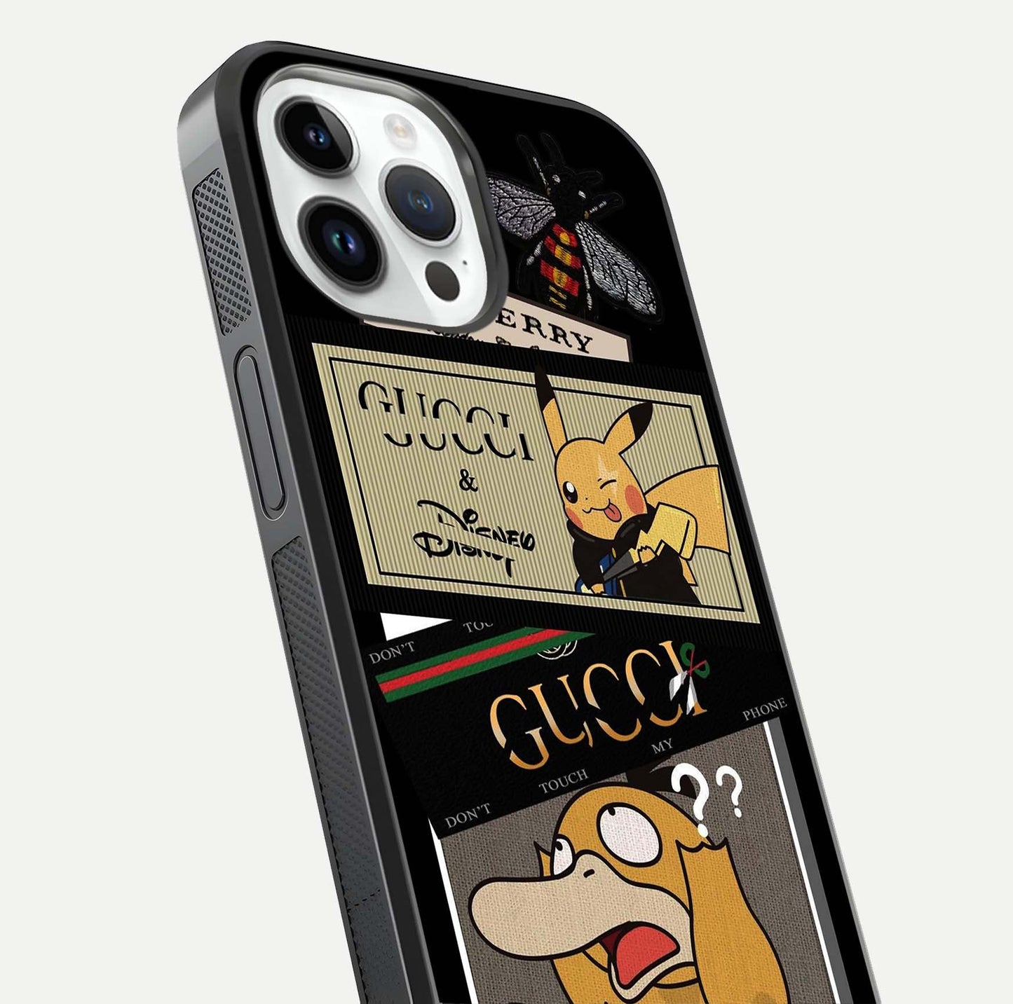 Cartoon Brand Play Mashup Glass Case for iPhone 14 Pro close-up angled shot showing character details and vibrant tones