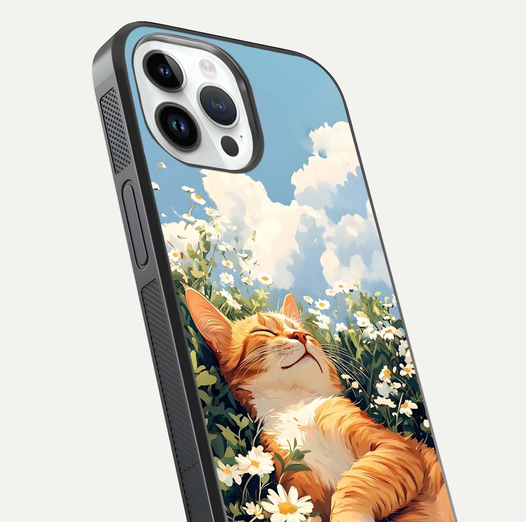 Cat & Flowers View Glass Case for iPhone 14 Pro close-up view highlighting cat expression and petal detail