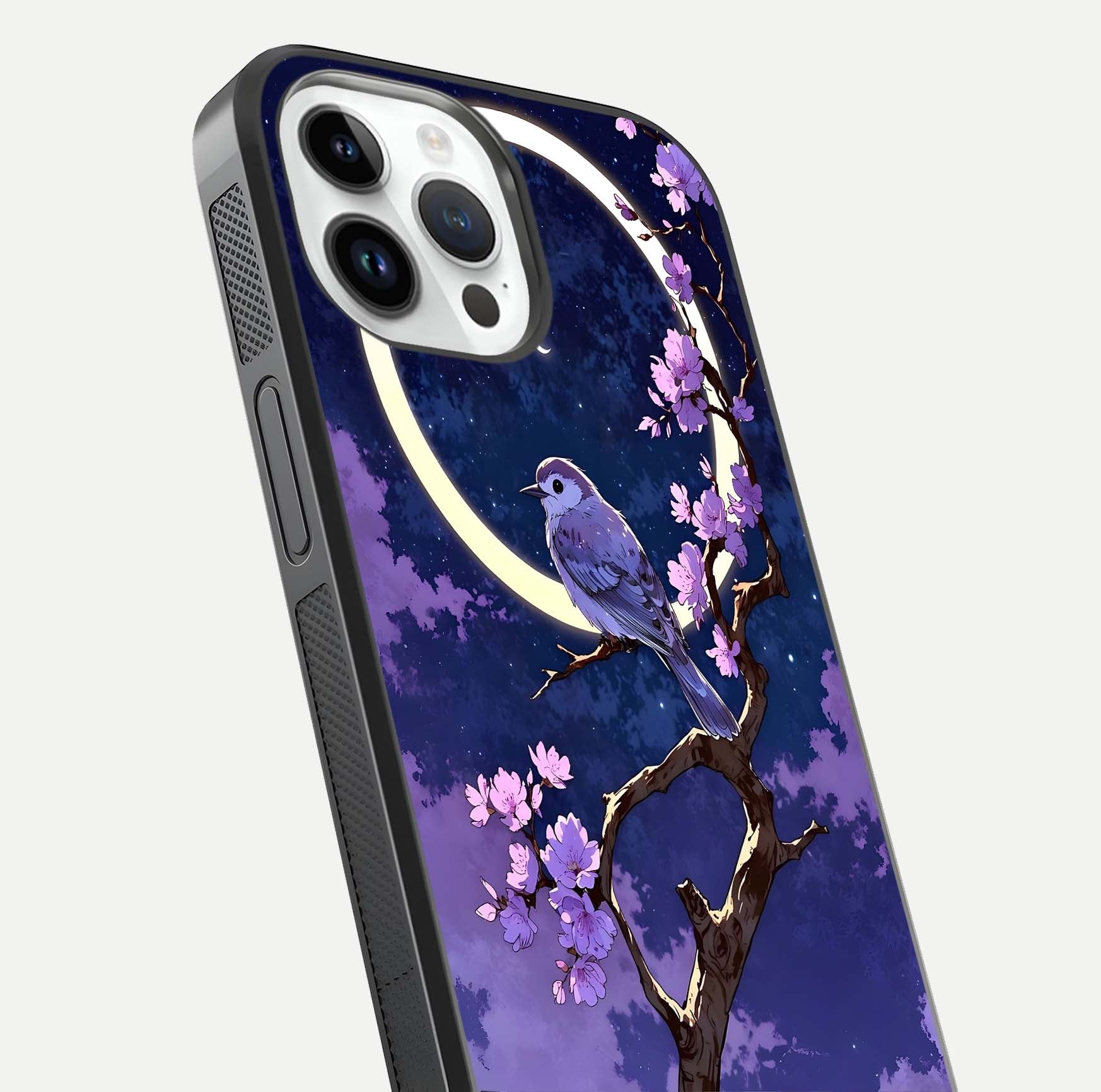 Celestial Bird Blossom Glass Case for iPhone 14 Pro close-up capturing bird detail, petal reflection, and gloss shine