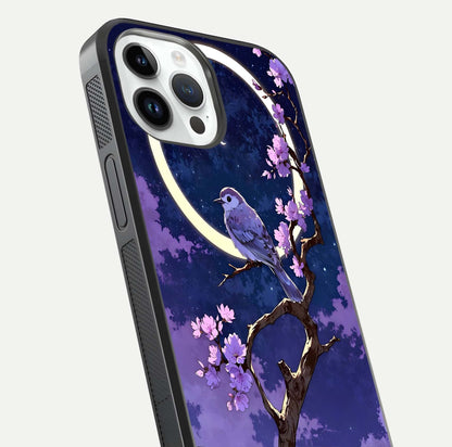 Celestial Bird Blossom Glass Case for iPhone 14 Pro close-up capturing bird detail, petal reflection, and gloss shine