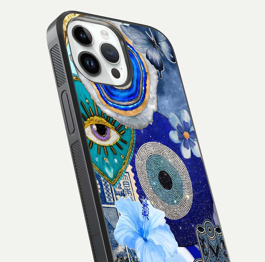 Celestial Blue Vision Glass Case for iPhone 14 Pro close-up shot highlighting reflection details and smooth edge polish