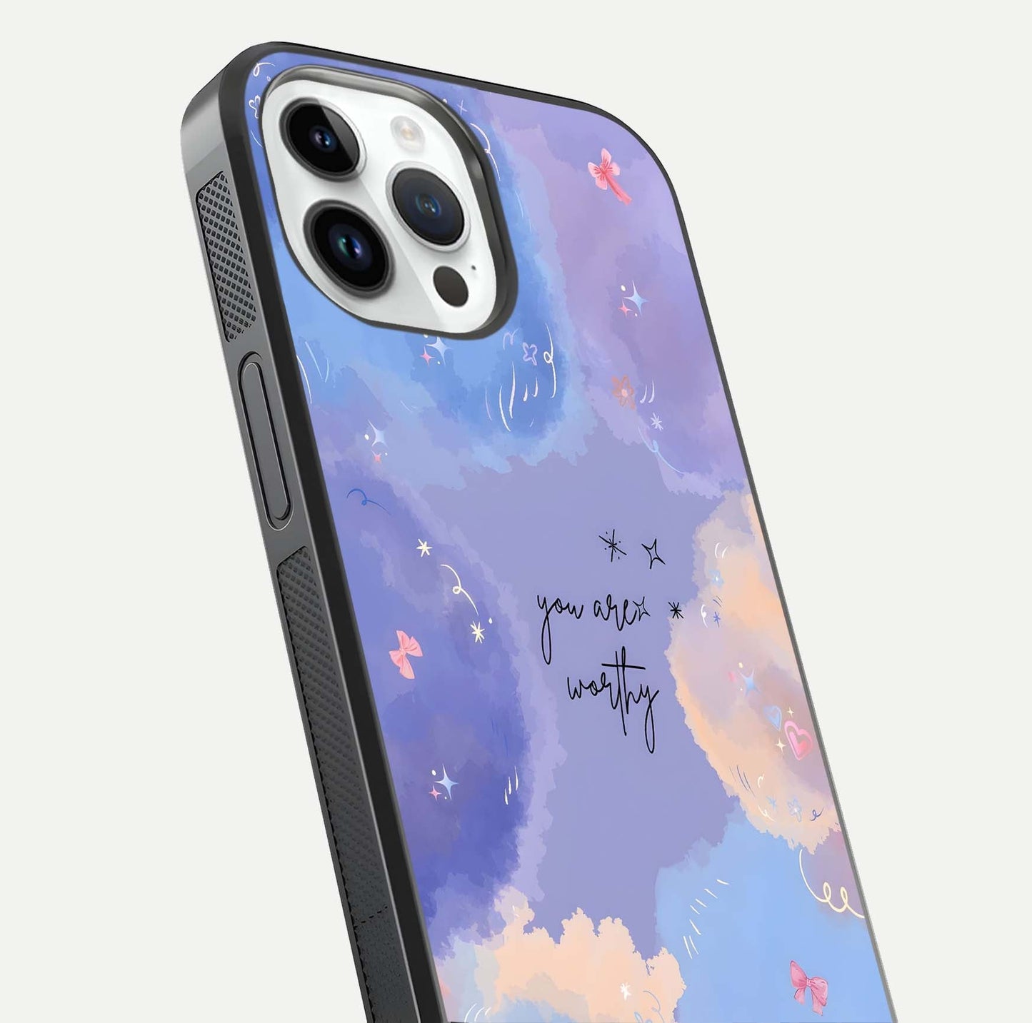 Celestial Cloud Magic Glass Case for iPhone 14 Pro close-up highlighting smooth gradient and gloss surface