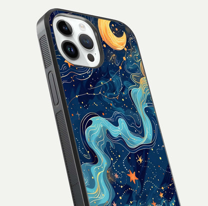 Celestial Dream Flow Glass Case for iPhone 14 Pro close-up highlighting star reflections and smooth glow gradient