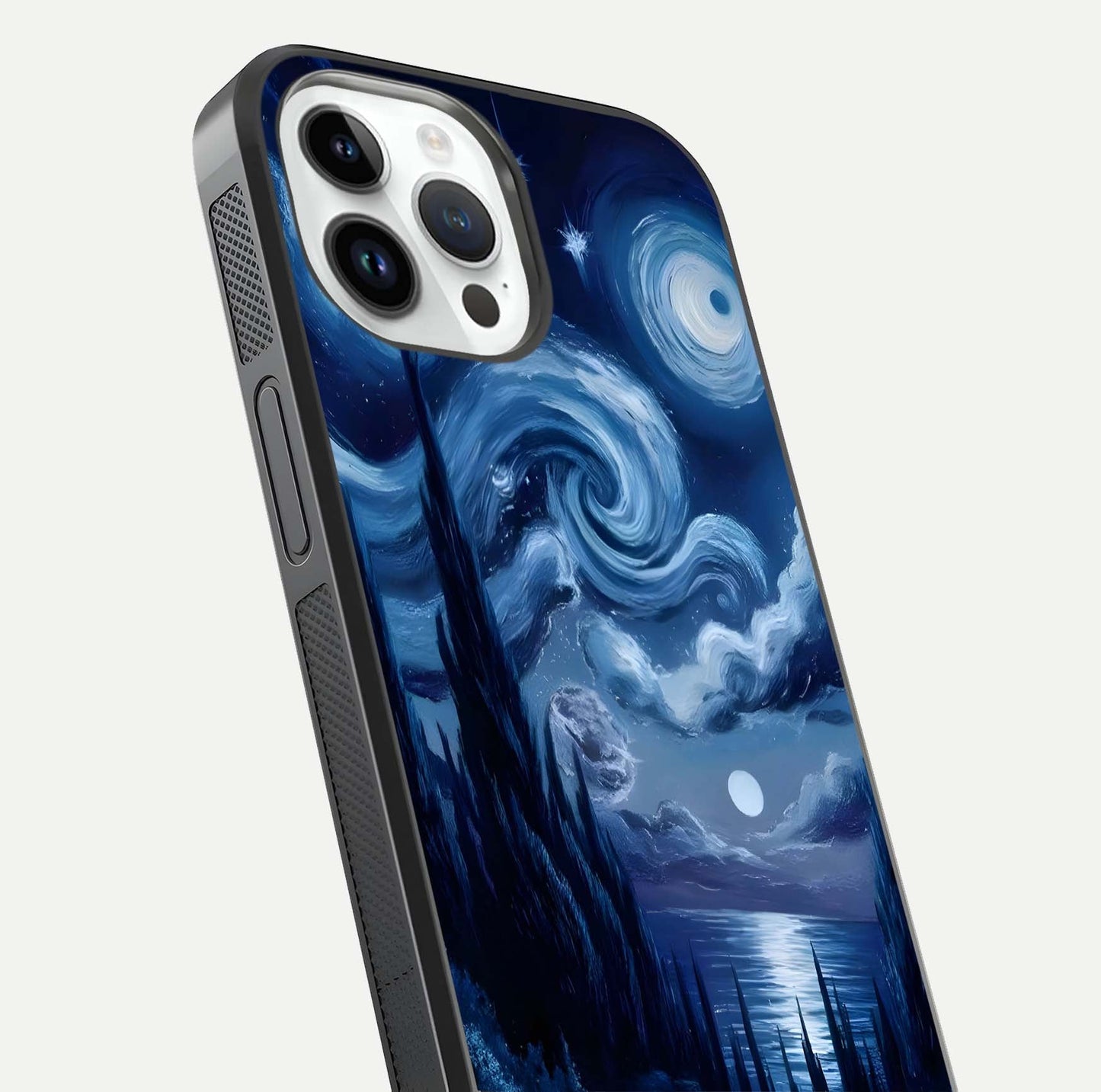 Celestial Dream Van Gogh Glass Case for iPhone 14 Pro close-up view capturing vivid brush details and star reflection