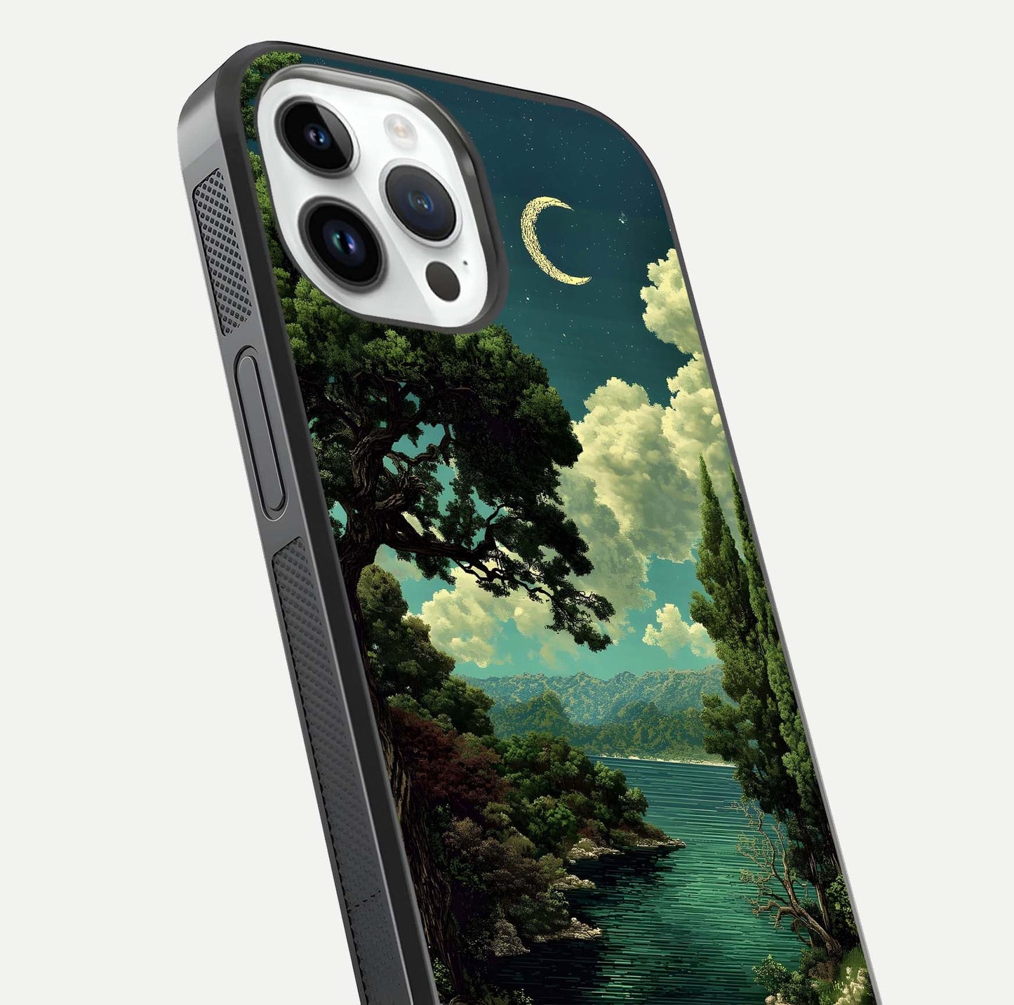 Celestial Lake Peace Glass Case for iPhone 14 Pro close-up highlighting moon reflection and glossy texture