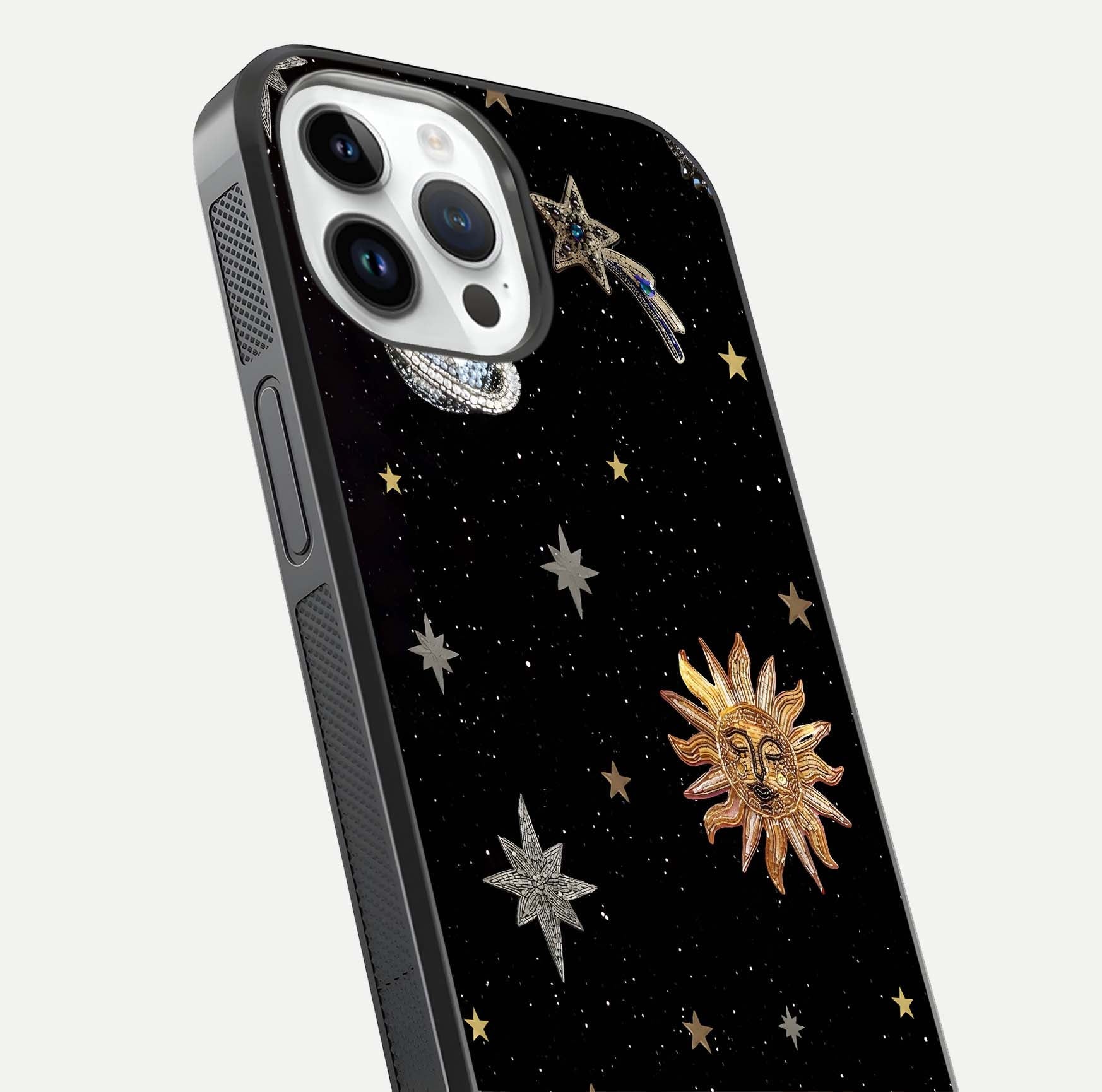 Celestial Moon With Stars Glass Case for iPhone 14 Pro close-up showing cosmic reflection and HD shine