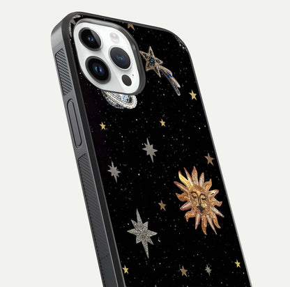 Celestial Moon With Stars Glass Case for iPhone 14 Pro close-up showing cosmic reflection and HD shine
