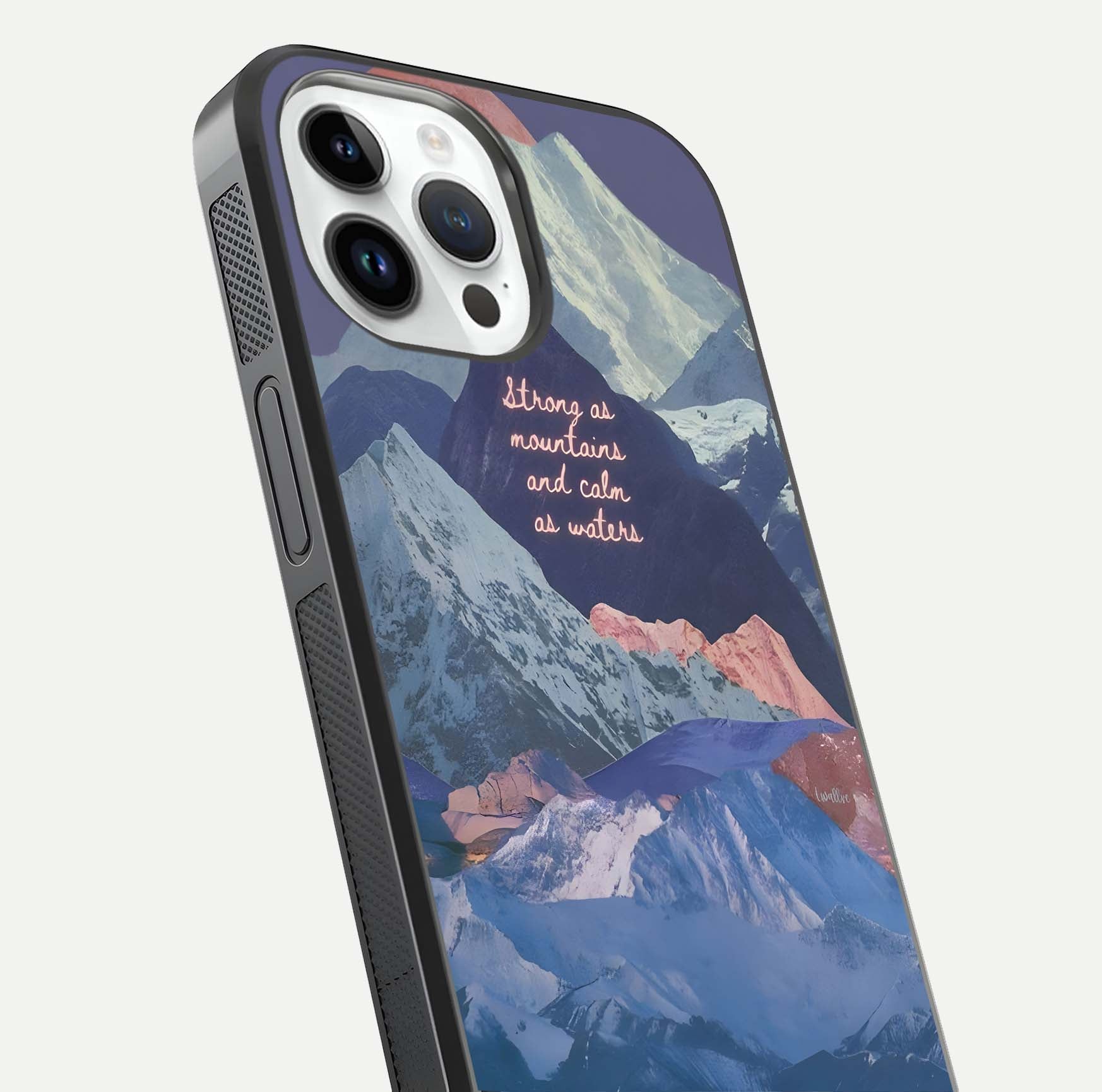 Celestial Mountain Calm Glass Case for iPhone 14 Pro close-up showing peak reflection and HD gloss texture