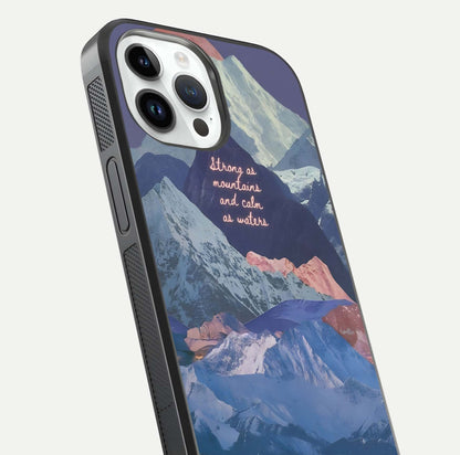 Celestial Mountain Calm Glass Case for iPhone 14 Pro close-up showing peak reflection and HD gloss texture