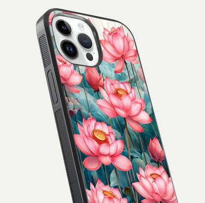 Celestial Pink Lotus Glass Case for iPhone 14 Pro close-up highlighting petal detail and HD glass reflection