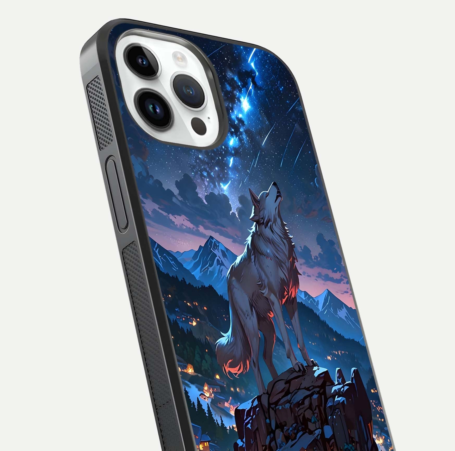 Celestial Wolf Howl Glass Case for iPhone 14 Pro close-up showing wolf silhouette and glowing moon reflection