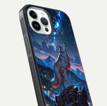 Celestial Wolf Howl Glass Case for iPhone 14 Pro close-up showing wolf silhouette and glowing moon reflection