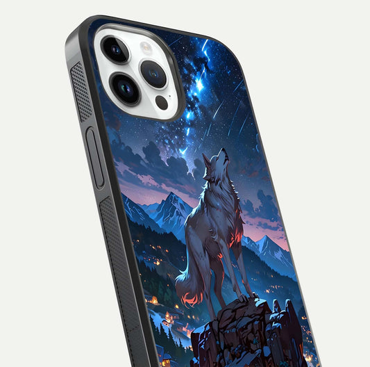 Celestial Wolf Howl Glass Case for iPhone 14 Pro close-up showing wolf silhouette and glowing moon reflection