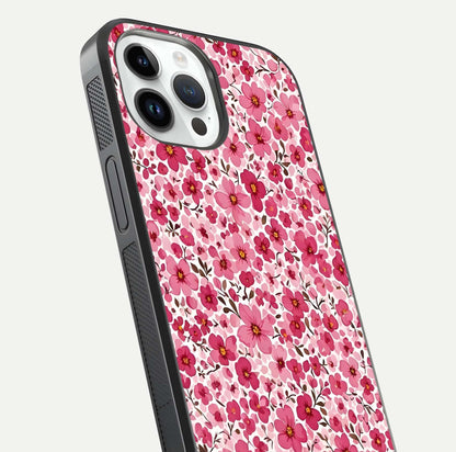 Cherry Blossom Charm Glass Case for iPhone 14 Pro close-up highlighting petal gradient and reflection shine