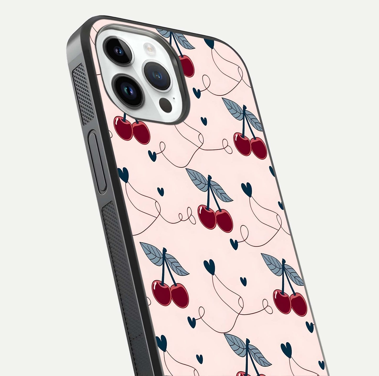 Cherry Heart Line Glass Case for iPhone 14 Pro close-up showing heart outline and HD reflection gloss