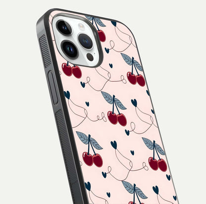 Cherry Heart Line Glass Case for iPhone 14 Pro close-up showing heart outline and HD reflection gloss
