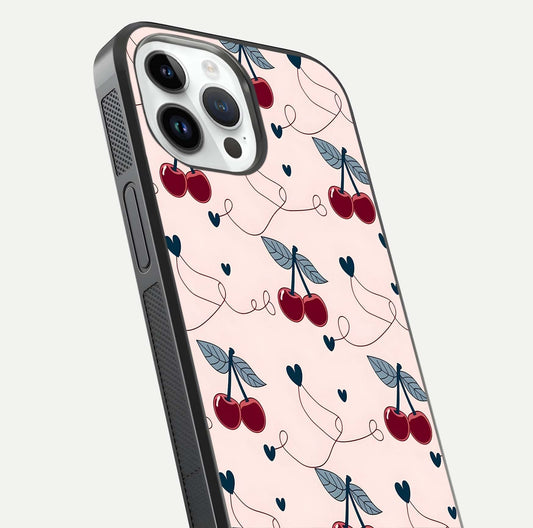 Cherry Heart Line Glass Case for iPhone 14 Pro close-up showing heart outline and HD reflection gloss