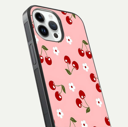 Cherry Love Mood Glass Case for iPhone 14 Pro close-up highlighting cherry heart pattern and reflection shine