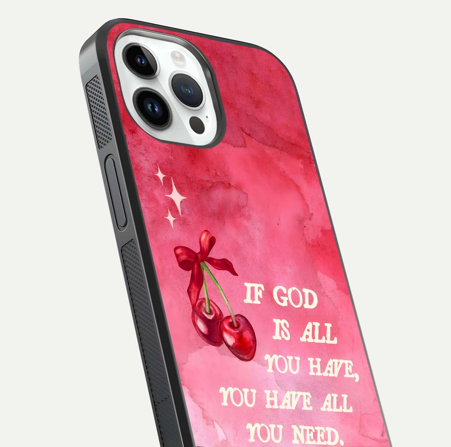 Cherry Quote Glass Case for iPhone 14 Pro close-up showing printed quote detail and HD reflection gloss