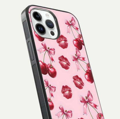 Cherry With Lips Glass Case for iPhone 14 Pro close-up view highlighting lips texture and reflection shine
