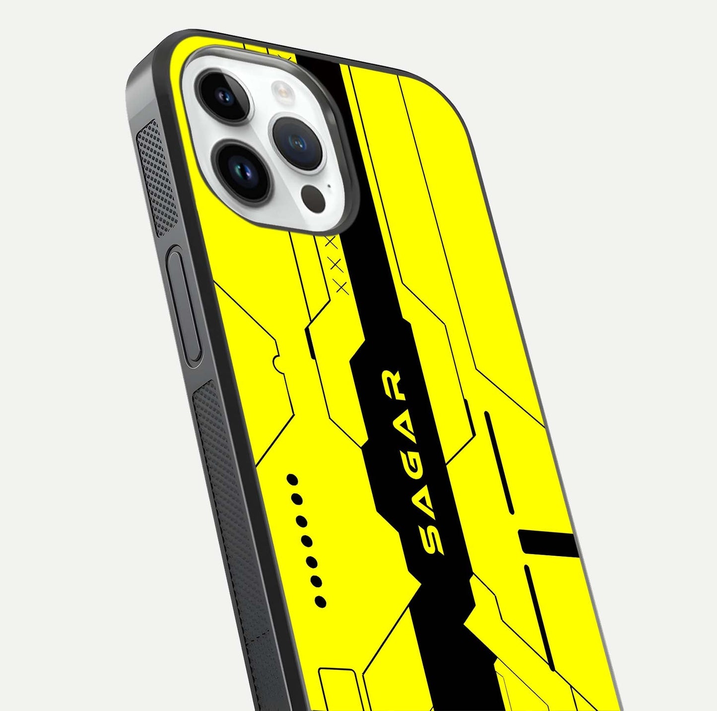 Circuit CYBERPUNK Custom Name Glass Case for iPhone 14 Pro close-up highlighting neon lines, futuristic tones, and gloss reflection