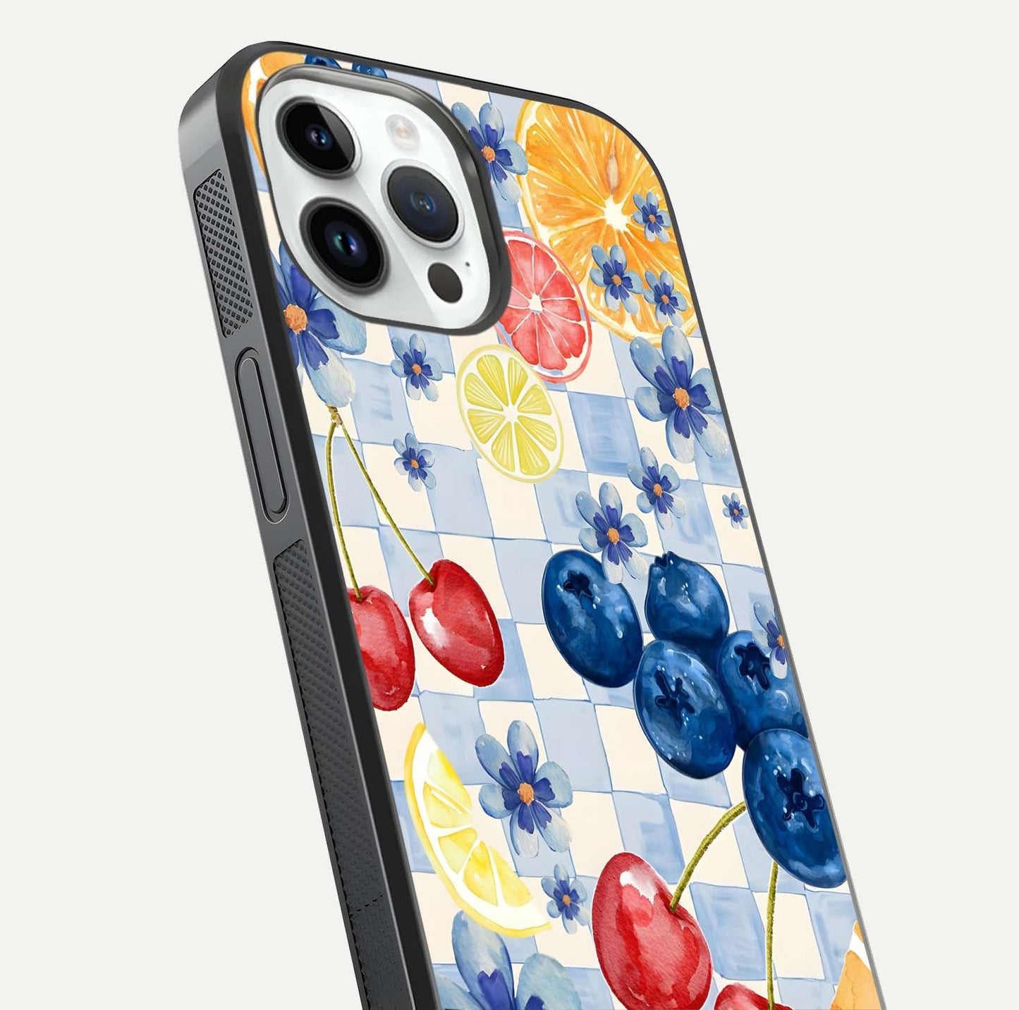 Citrus Bloom Joy Glass Case for iPhone 14 Pro close-up highlighting orange blossoms and reflection detail