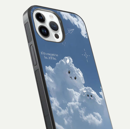 Cloud Bunny Dreams Glass Case for iPhone 14 Pro close-up showing bunny art, dreamy clouds, and HD shine