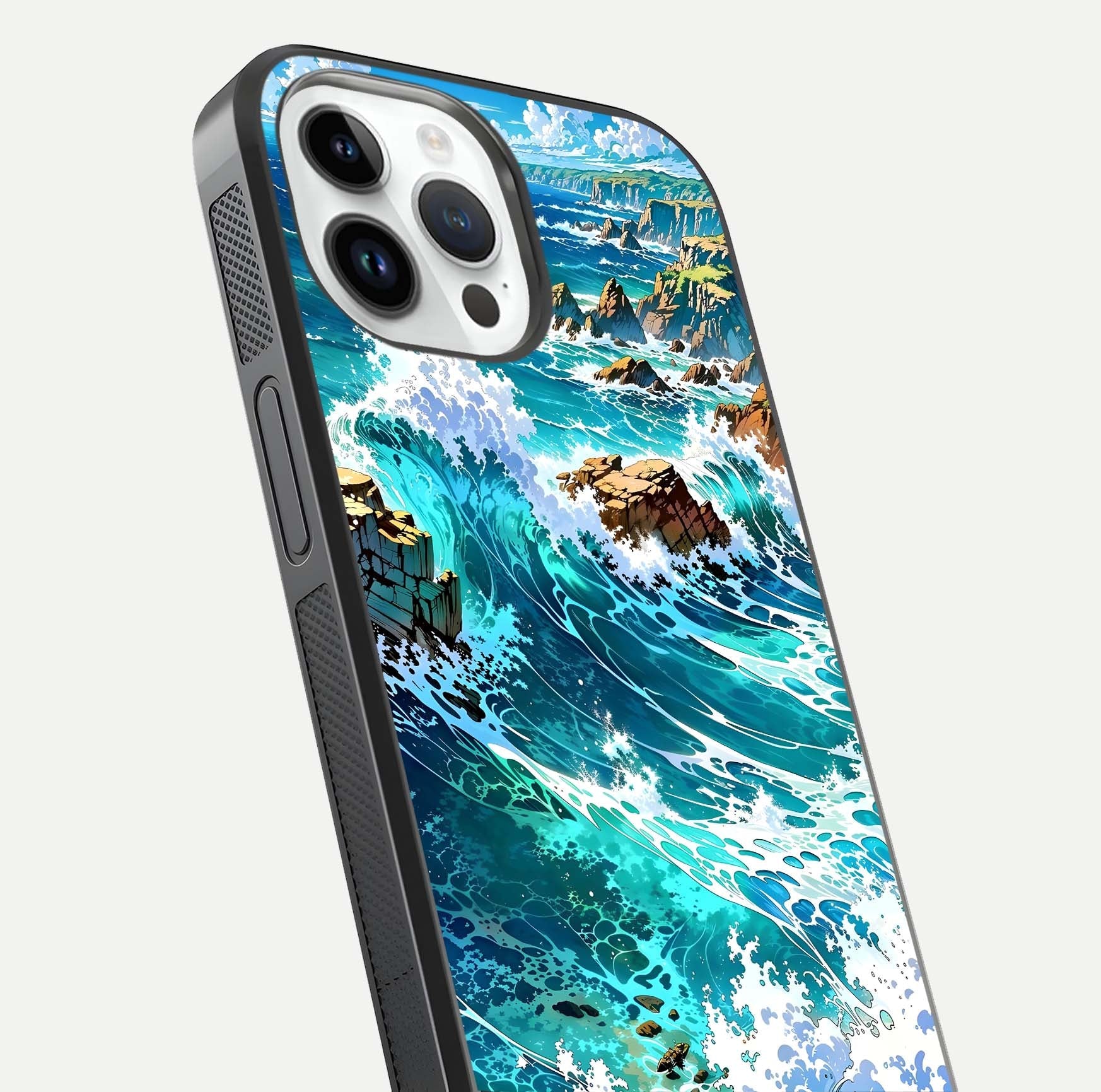 Coastal Blue Waves Glass Case for iPhone 14 Pro close-up highlighting wave texture and blue shine
