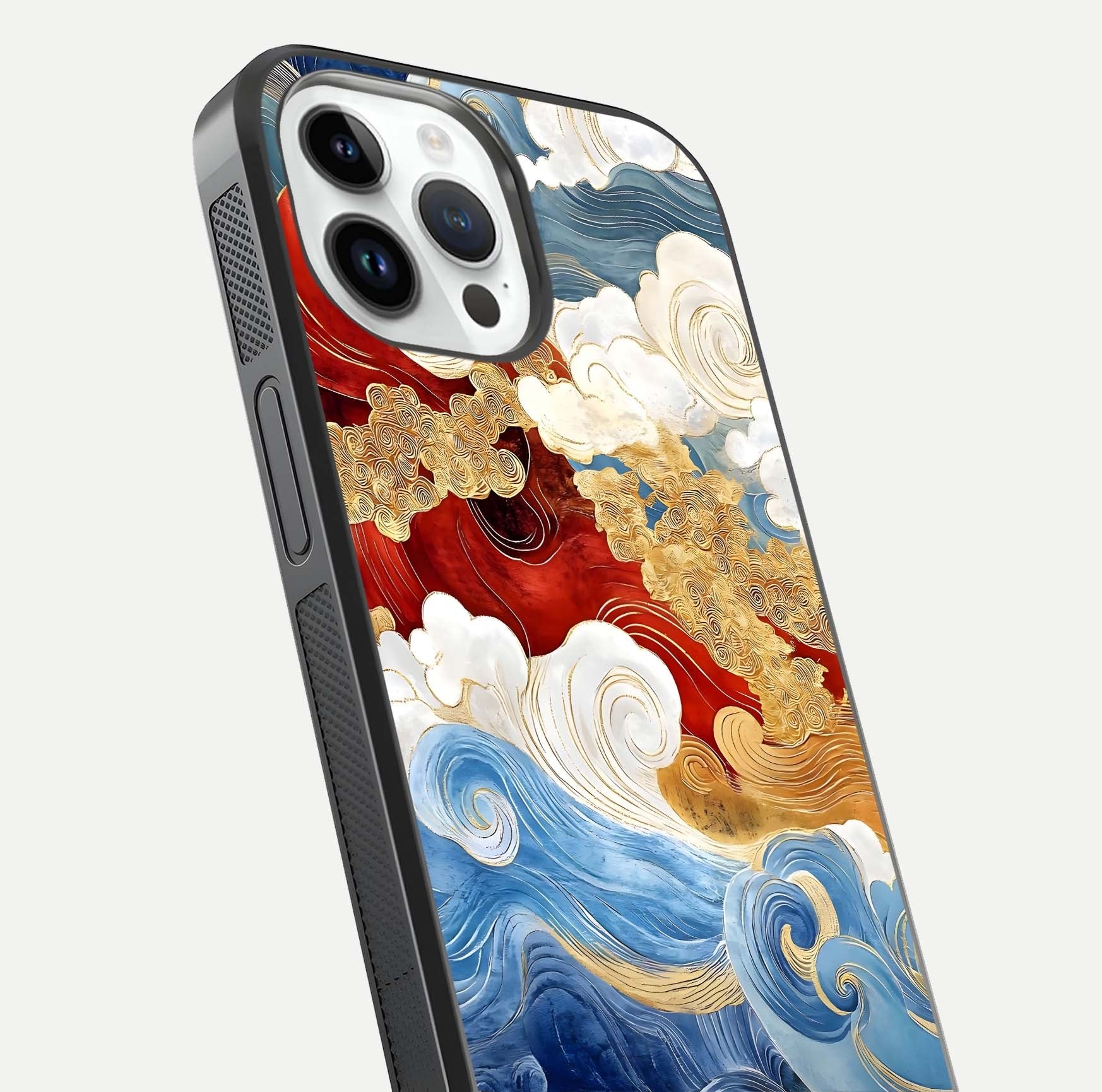 Colored Waves Glass Case for iPhone 14 Pro close-up angled shot highlighting gradient flow and light reflection