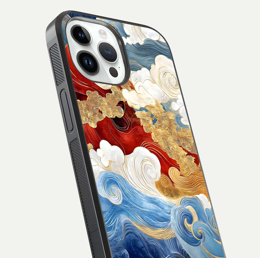 Colored Waves Glass Case for iPhone 14 Pro close-up angled shot highlighting gradient flow and light reflection