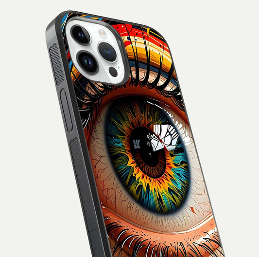 Colorful Eye Glass Case for iPhone 14 Pro close-up highlighting eye pattern detail and reflection shine