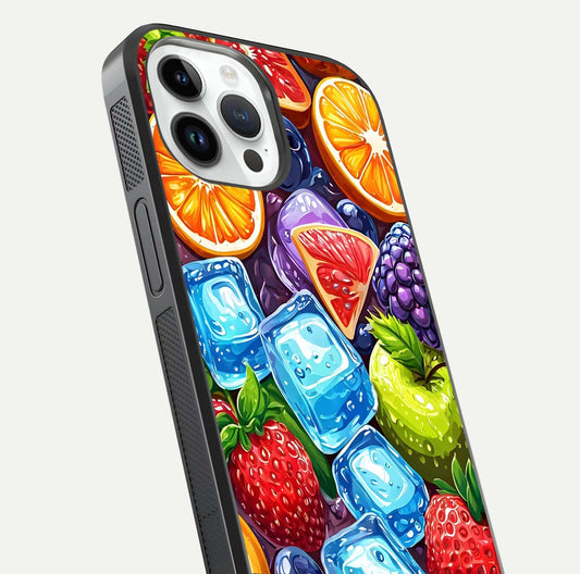 Colorful Fruits with Ice Glass Case for iPhone 14 Pro close-up highlighting fruit color and reflection glow