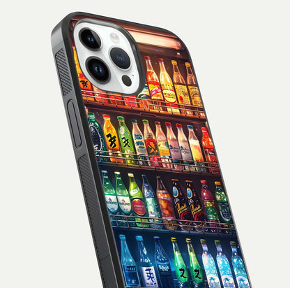 Colorful Soda Bottles Glass Case for iPhone 14 Pro close-up showing colorful bottles and HD reflection