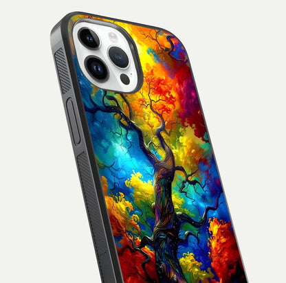 Colorful Tree Glass Case for iPhone 14 Pro close-up highlighting leaf detail, gradient colors, and shine