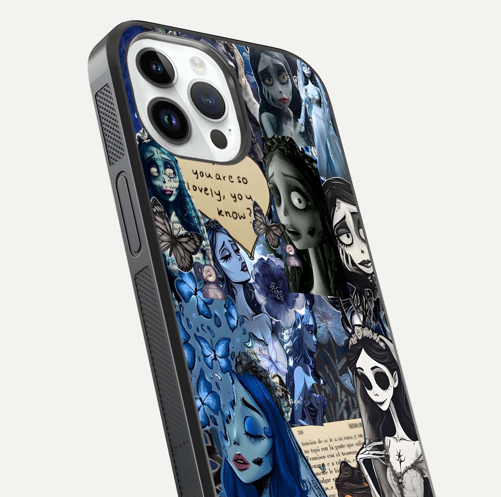Corpse Bride Posters Glass Case for iPhone 14 Pro close-up highlighting detailed artwork and reflection polish