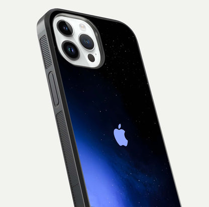 Cosmic Blue Apple Glass Case for iPhone 14 Pro close-up highlighting galaxy pattern, shine, and reflection detail