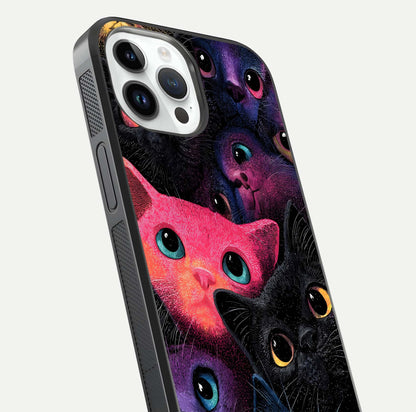 Cosmic Cats Dreams Glass Case for iPhone 14 Pro close-up highlighting cats and cosmic glow reflection