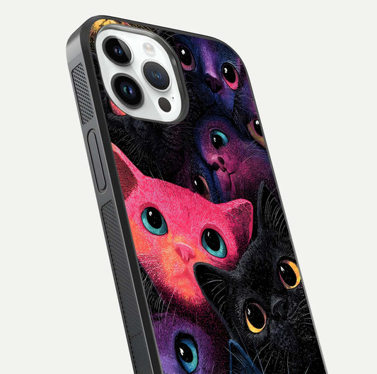 Cosmic Cats Dreams Glass Case for iPhone 14 Pro close-up highlighting cats and cosmic glow reflection