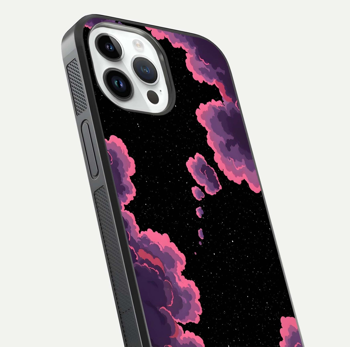 Cosmic Cloud Journey Glass Case for iPhone 14 Pro close-up highlighting star clusters and reflection texture